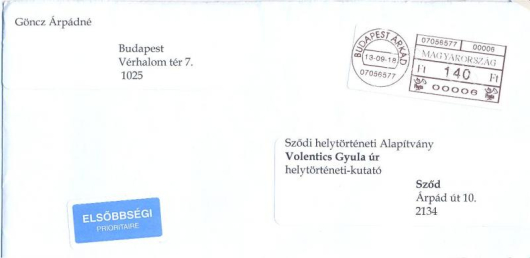 Göncz Árpádné levele a Mesélő gödi képes levelezőlapokkal kapcsolatban – boríték 