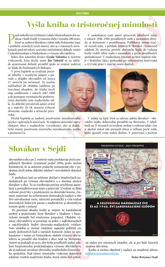 A szlovákság háromszáz éve és az 1946. évi lakosságcsere Sződön – Ludové Noviny (2015 augusztus 27.)