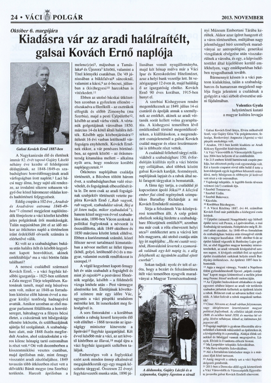 Kiadásra vár az aradi halálraítélt, galsai Kovách Ernő naplója (Váci Polgár, 2013. november)