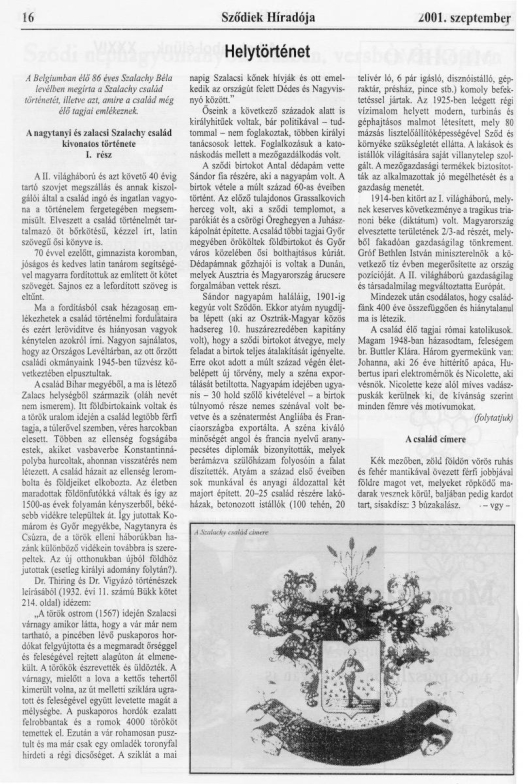 A nagytanyi és zalacsi Szalachy család kivonatos története I. rész – Sződiek Híradója (2001. szeptember)
