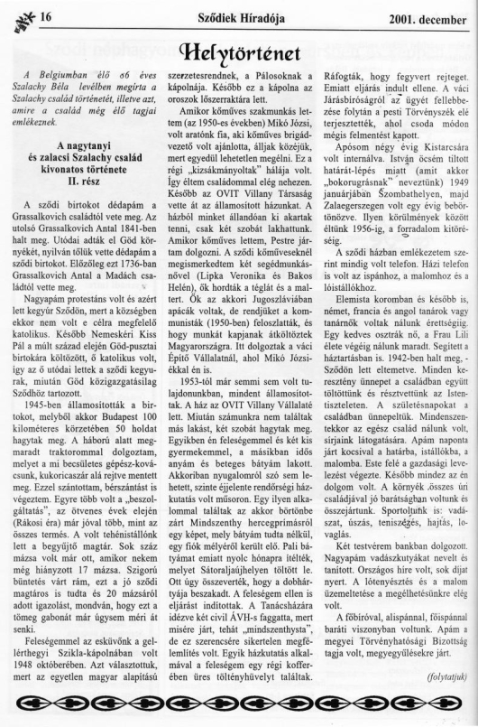 A nagytanyi és zalacsi Szalachy család kivonatos története II. rész – Sződiek Híradója (2001. december)