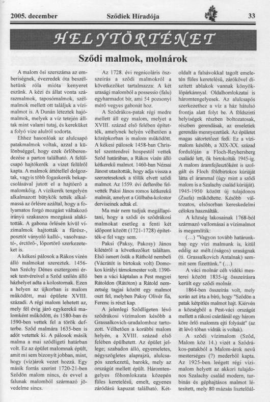 Sződi malmok, molnárok 1. – Helytörténet – Sződiek Híradója (2005. december)