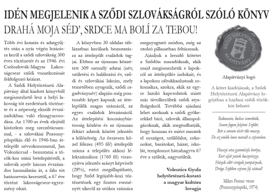 Idén megjelenik a sződi szlovákságról szóló könyv (Sződiek Híradója, 2013. nyár)
